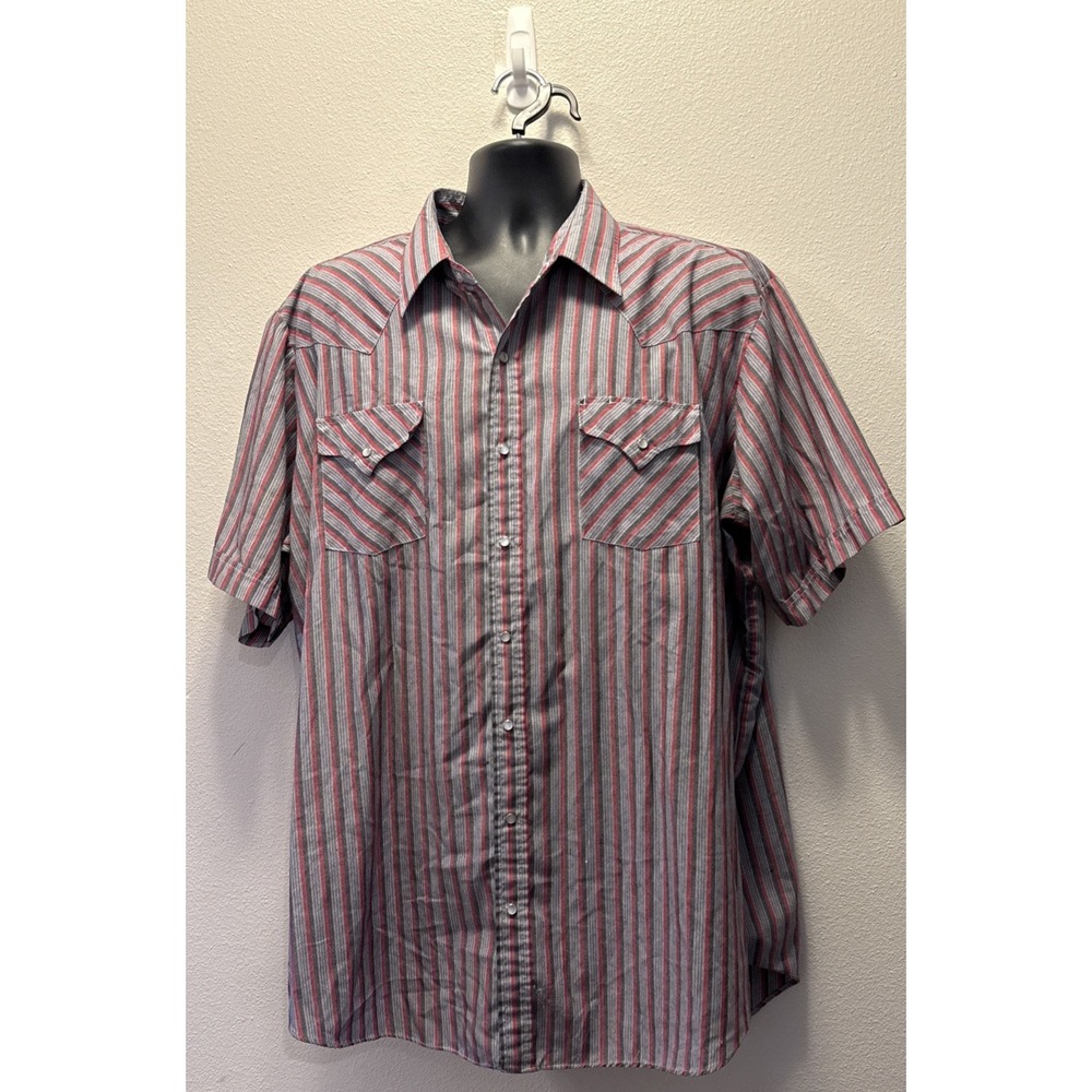 VINTAGE Ely Cattleman Shirt Men 2X Striped Big Man Pearl Snap Short Sleeve Grey